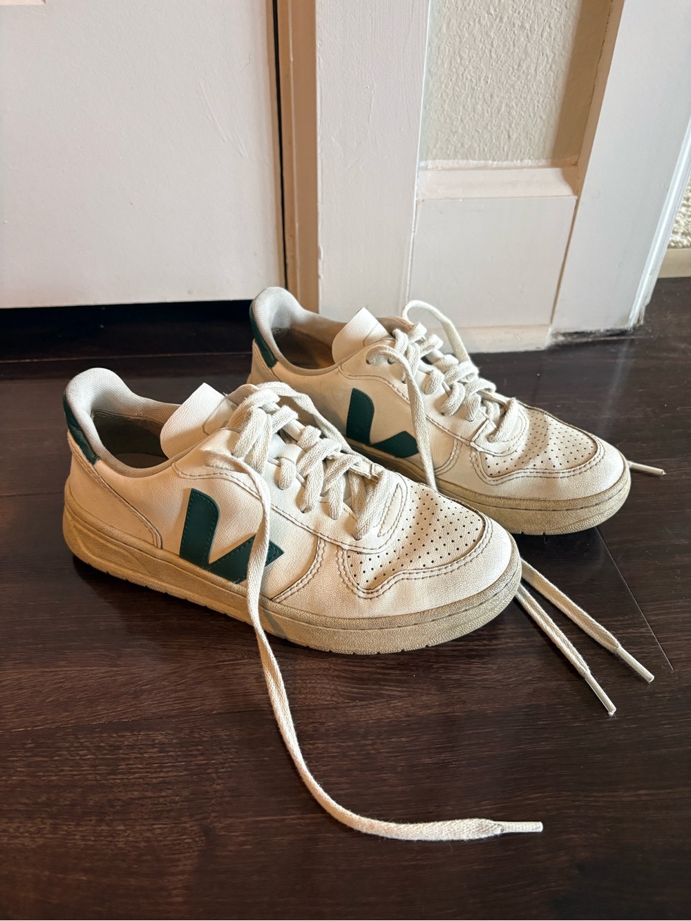Veja V-10 White & Green Leather Sneakers
